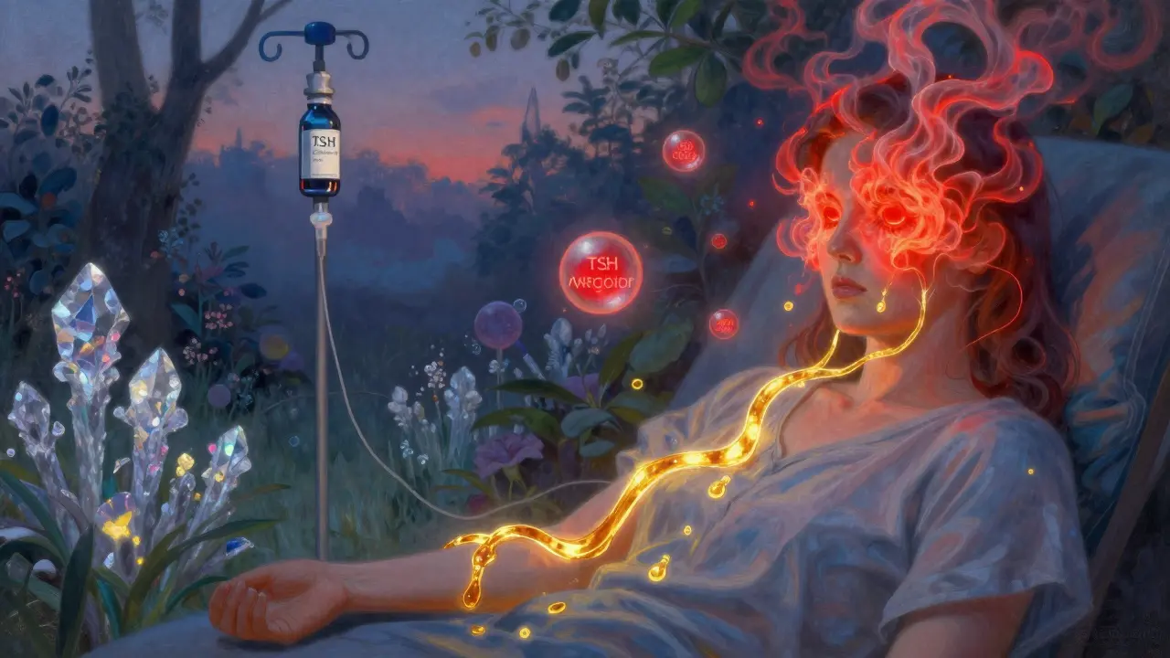 A patient receiving IV steroids as golden light flows into her arm while inflammation swirls from her eyes.