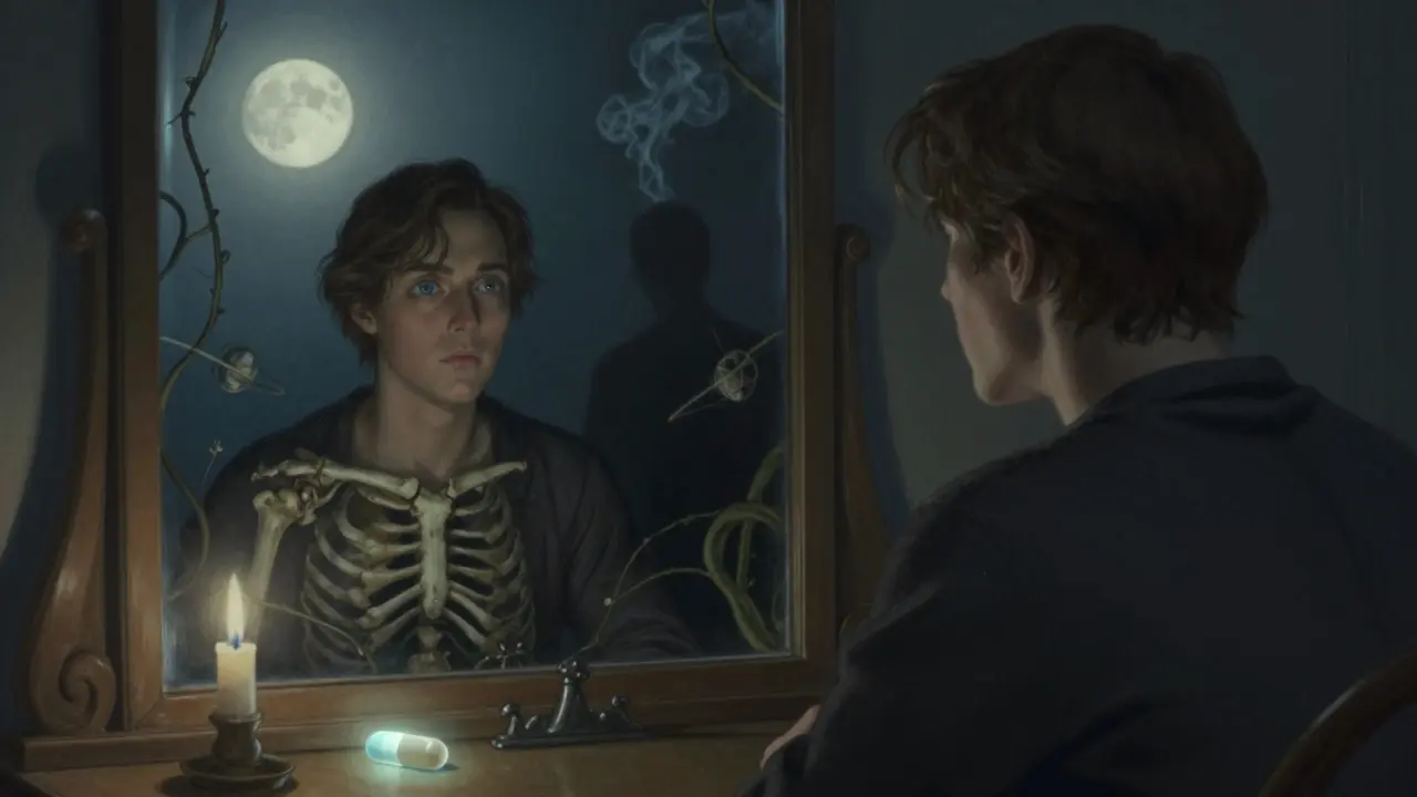 A person gazing at their reflection, one eye bulging, with symbolic elements of healing and smoking in the background.