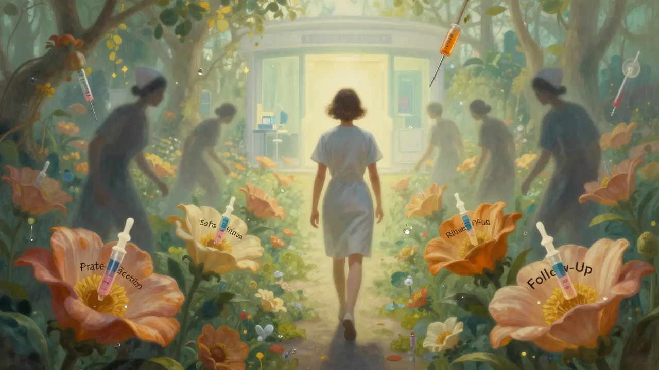 A person walking through a symbolic garden where each flower represents a step in safe injection practice.