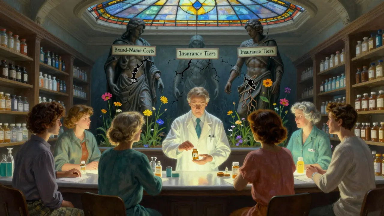 A pharmacist hands out generic pills to diverse patients under a glowing skylight, while costly drug labels crumble behind them.