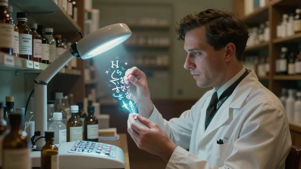 A pharmacist using a UV lamp to reveal hidden glowing markings on a medicine label.