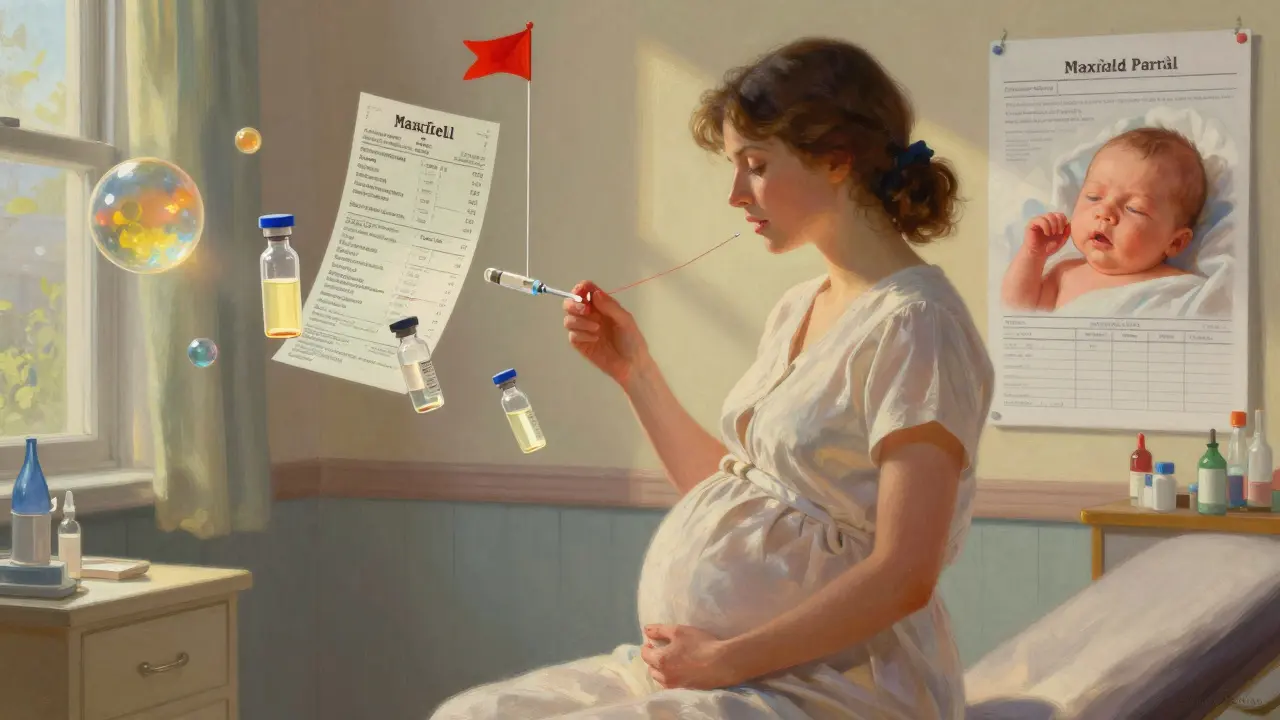 A pregnant woman undergoing oral desensitization, surrounded by floating penicillin vials and contrasting societal outcomes.