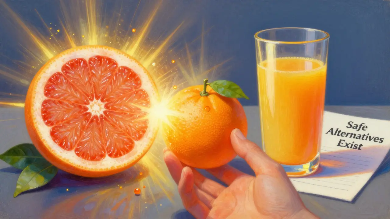 A split scene: a glowing grapefruit on one side, safe orange juice on the other, with a hand reaching toward the safer option under soft dawn light.