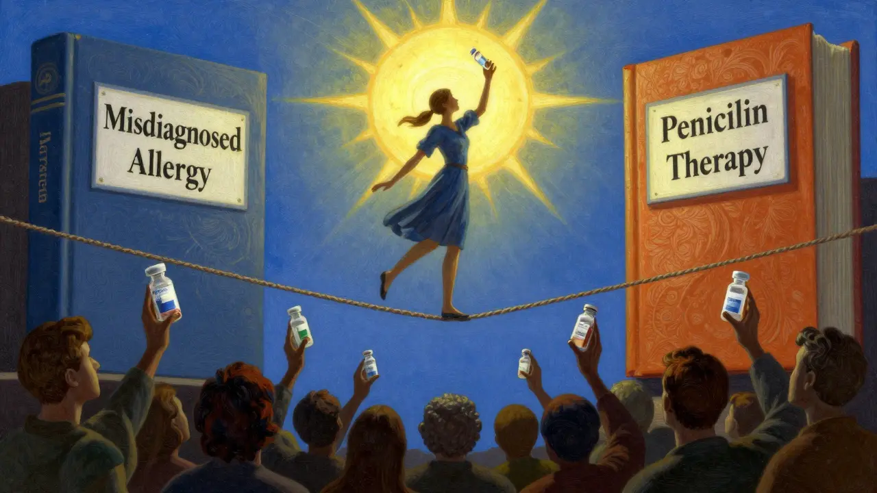 A symbolic tightrope walker crossing from misdiagnosis to safe penicillin therapy, bathed in golden light.