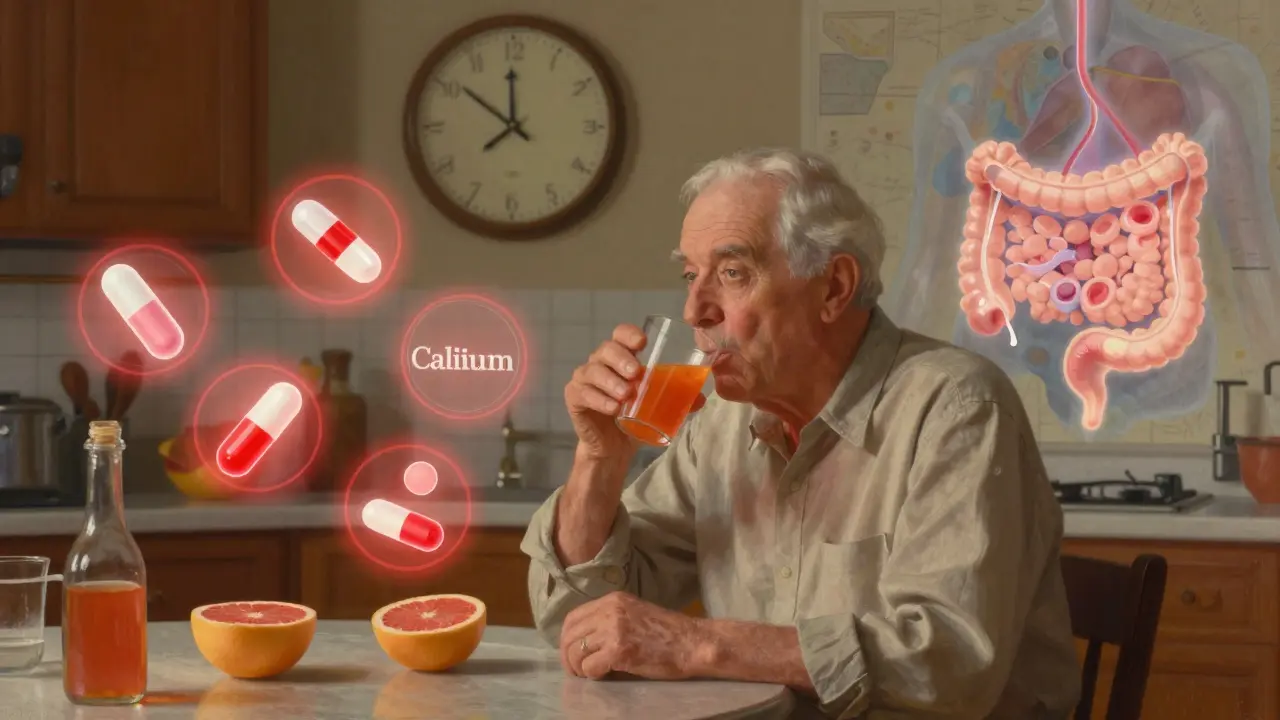 An elderly man drinking grapefruit juice while floating medication icons glow red, with a clock showing 72 hours and a hidden gut enzyme blocked.
