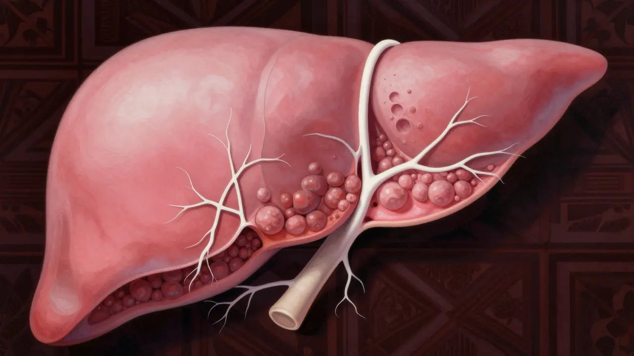 Artistic depiction of liver scarring with white lattice patterns on organic forms.