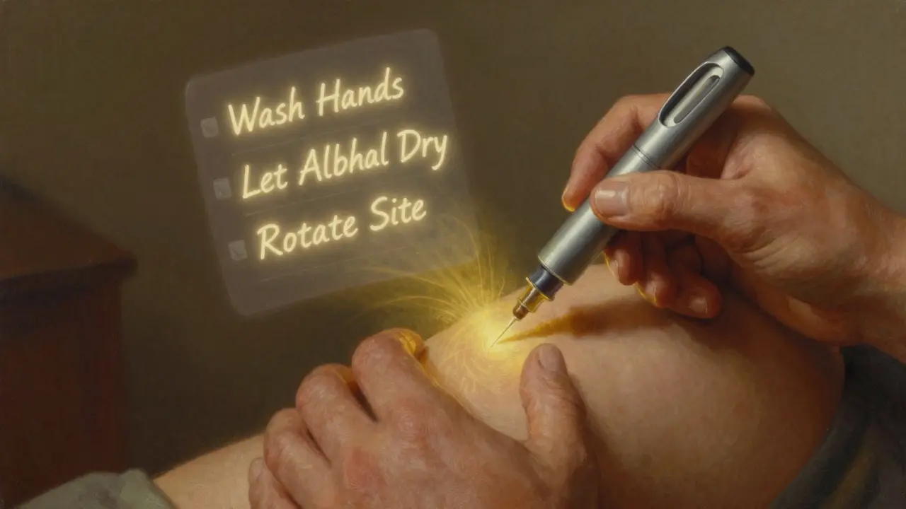 Close-up of hand injecting a biologic pen with glowing, ethereal checklist floating in the air.