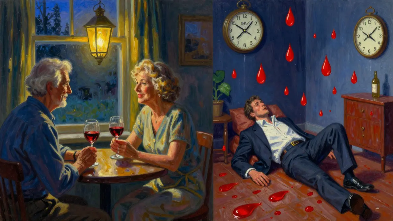 Contrasting calm and chaos: steady INR vs. dangerous spike after binge drinking, rendered in luminous painterly style.