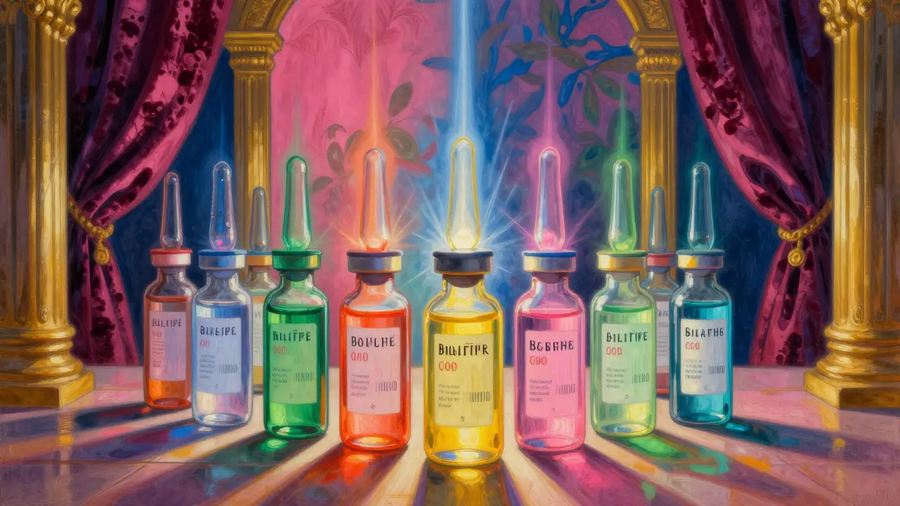Ornate glass vials with unique colored auras separated by light beams.