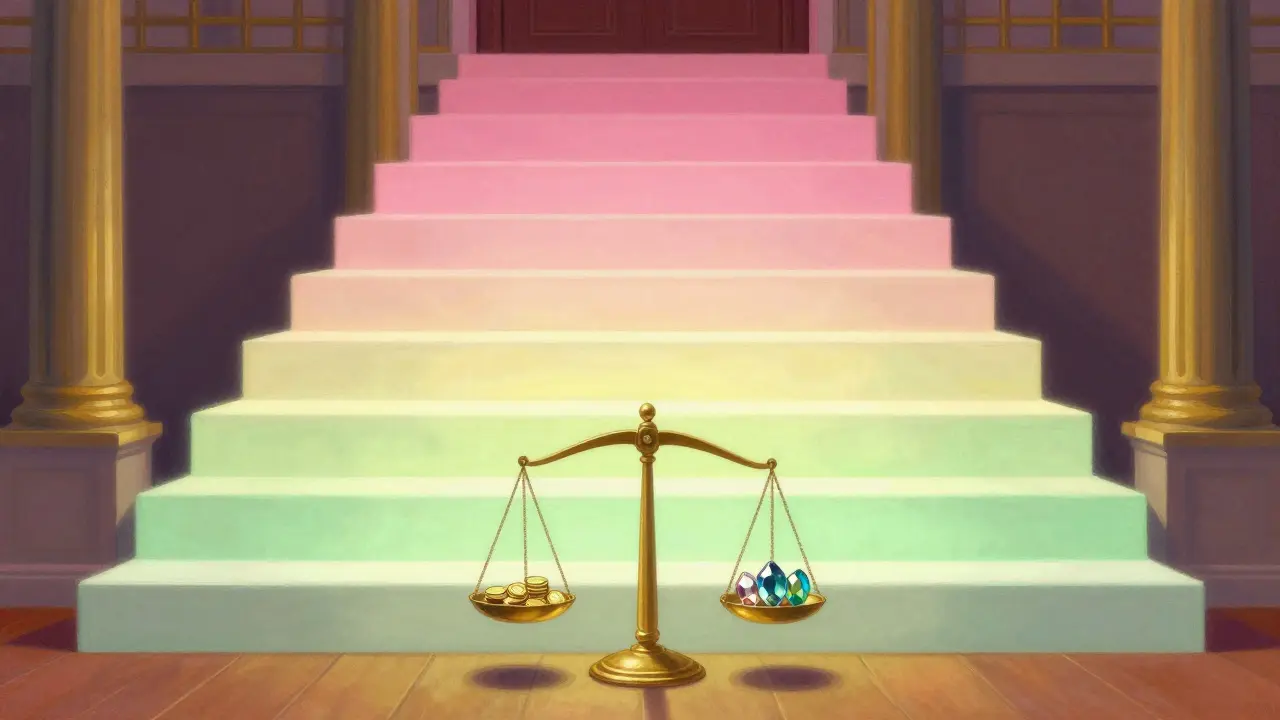 Three-tiered staircase with balance scale showing cost tiers.