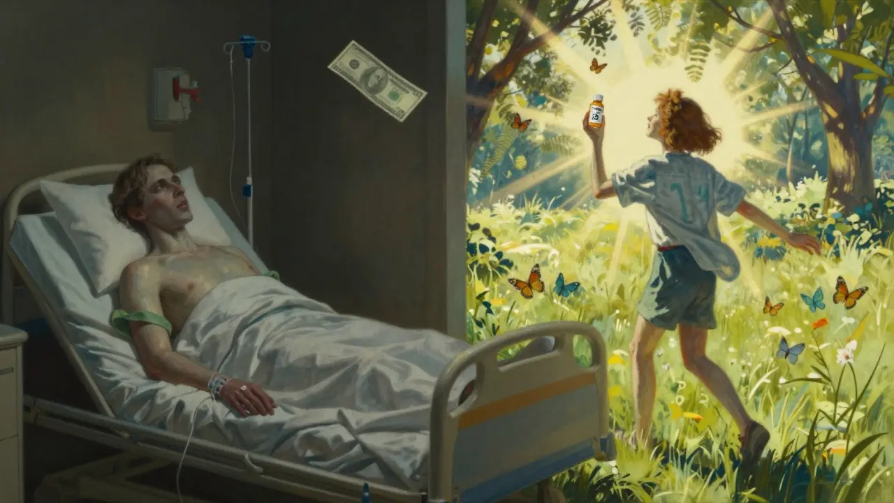 Two scenes show a patient's health improving after switching from expensive brand-name drugs to affordable generics.