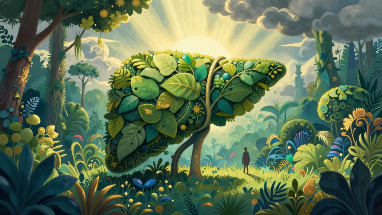 Vibrant garden scene shaped like a healthy liver with sunlight and greenery.