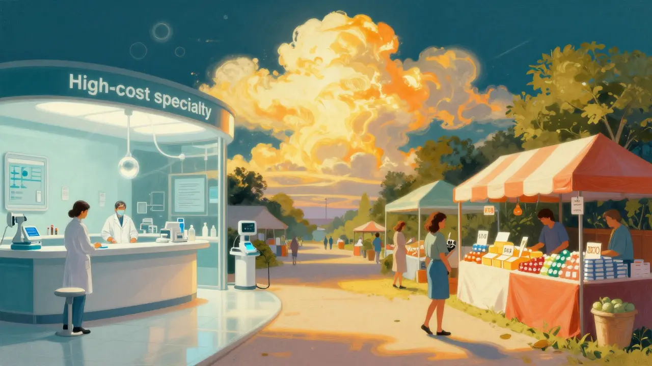 A balanced scene blending a clinical sanctuary with an accessible open-air pharmacy market.