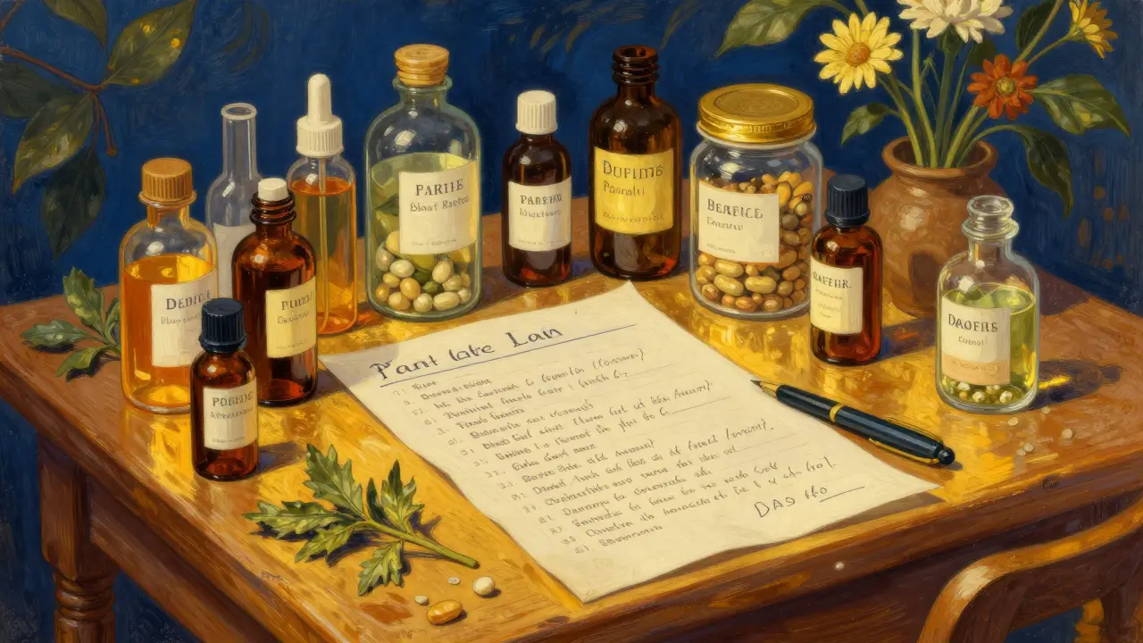 A detailed still-life of medication bottles and a comprehensive health list in golden light.