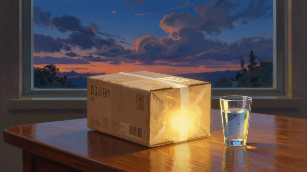 A medicine package on a table against a dramatic twilight sky