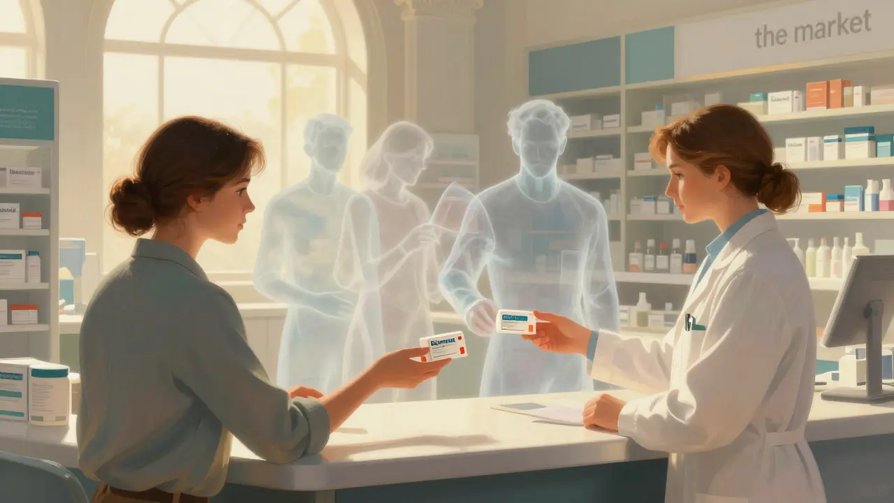 A patient receiving generic medicine at a pharmacy counter with ethereal figures symbolizing market shifts.