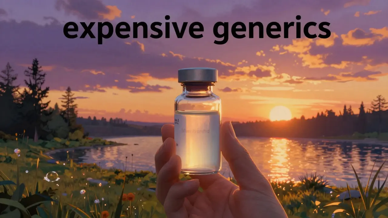 A person holding a glowing medicine bottle against a vivid, luminous sunset landscape.
