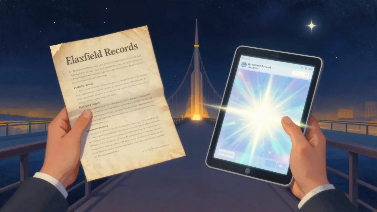 A person holding both a paper medication list and a digital tablet in a luminous setting.