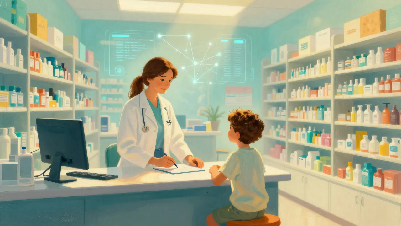 A pharmacist administering a vaccine to a child in a bright, idealized healthcare setting.