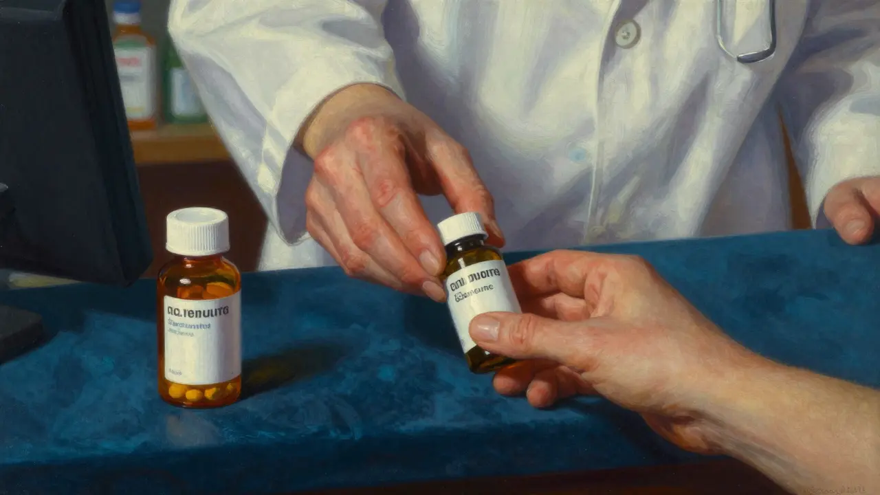 A pharmacist showing a patient a more affordable generic medication option.