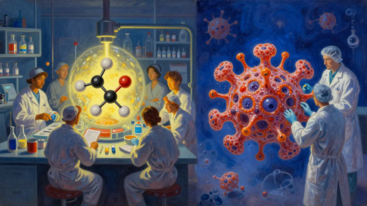Comparison of many craftsmen making simple pills versus few specialists making complex biosimilars.