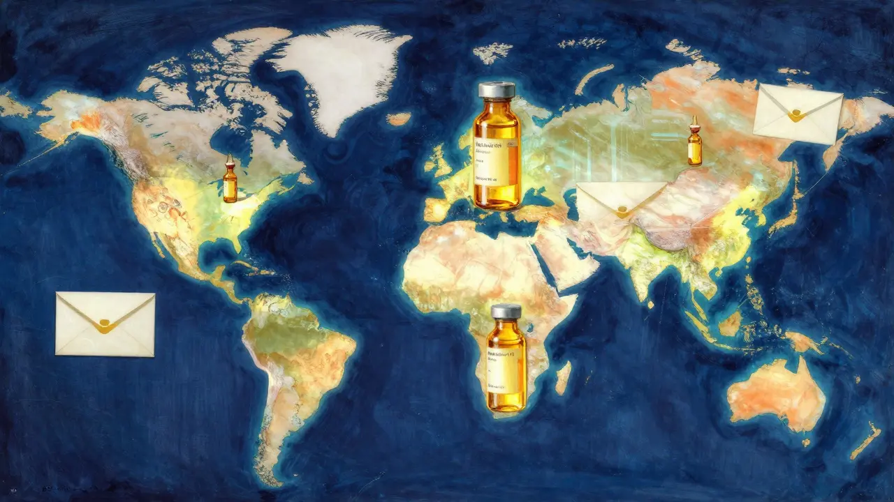 Conceptual illustration of global pharmacy shipping and prescription paths