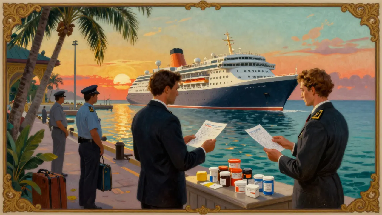 Cruise passenger submits medical documents at port customs checkpoint