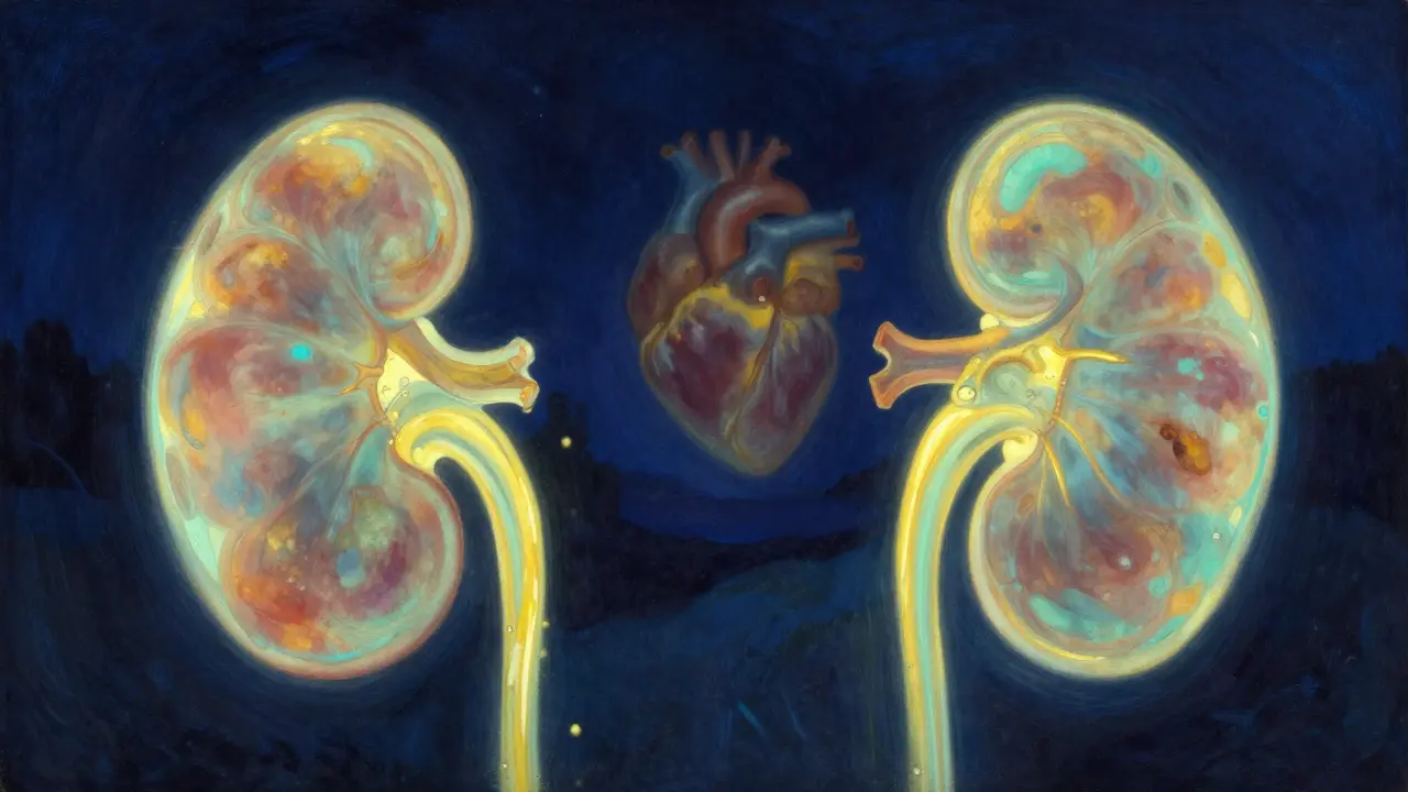Ethereal depiction of glowing kidneys and a heart as lanterns in a deep indigo landscape.