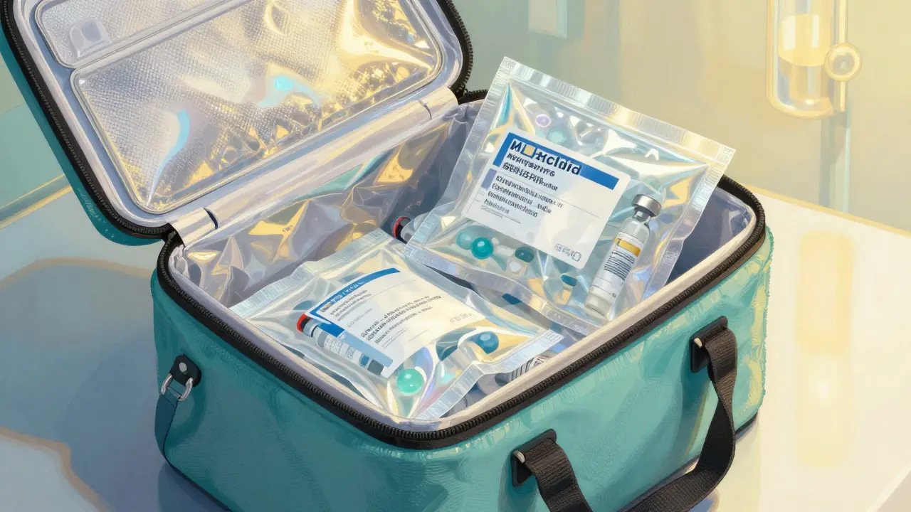Insulated cooling bag with frozen gel packs and medication vials.