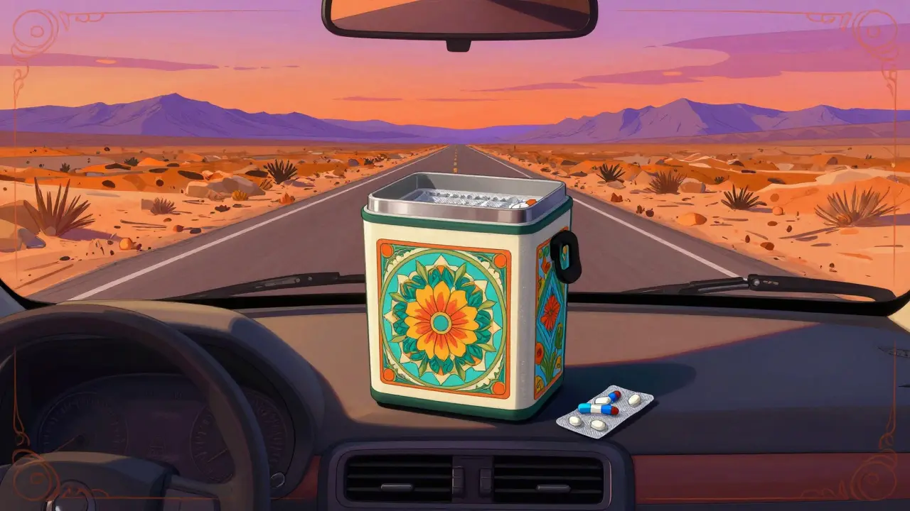 Insulated medication cooler secured in car dashboard during road trip