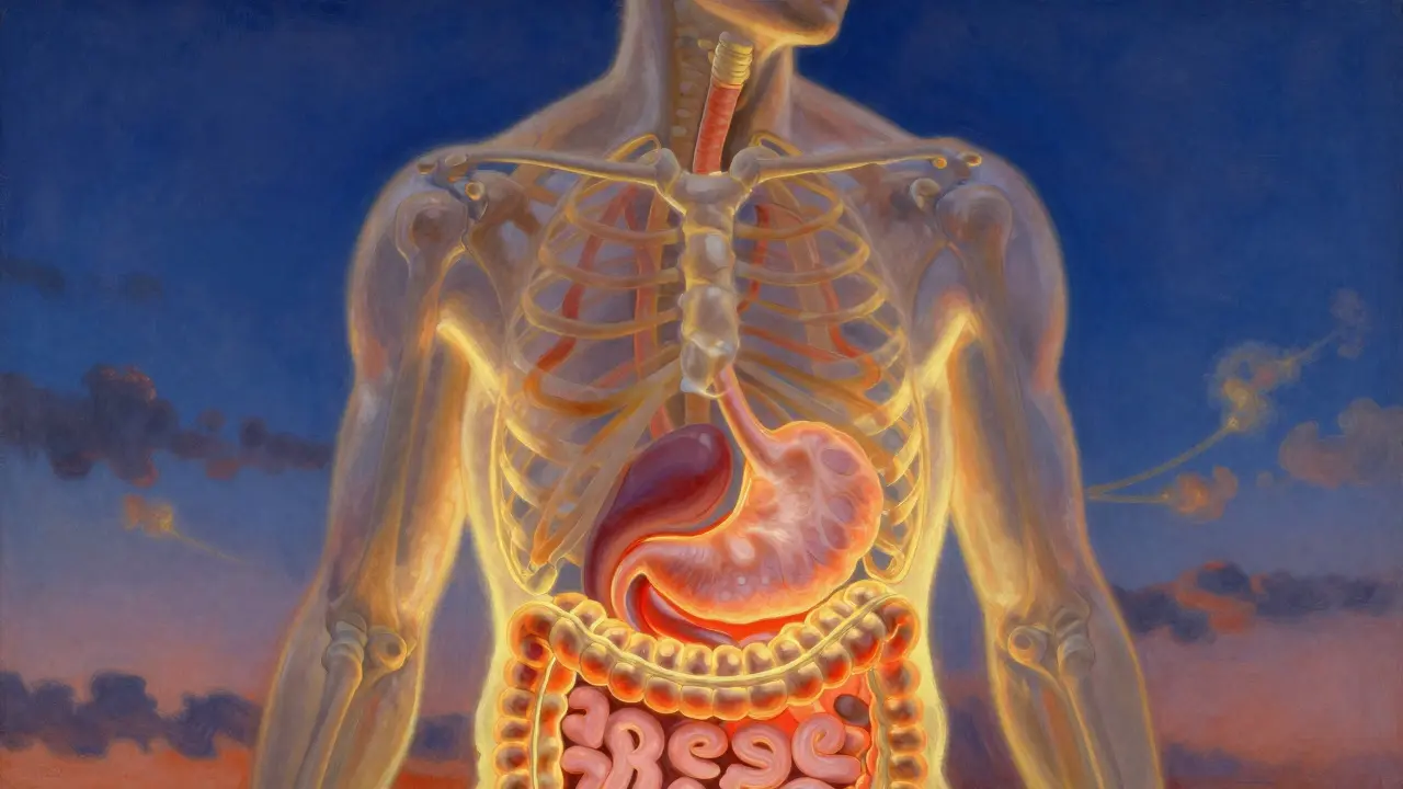Stylized human torso highlighting the digestive system with golden light against a twilight sky.