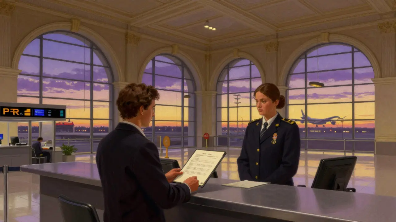 Traveler presenting medical documentation to a customs officer at an airport.